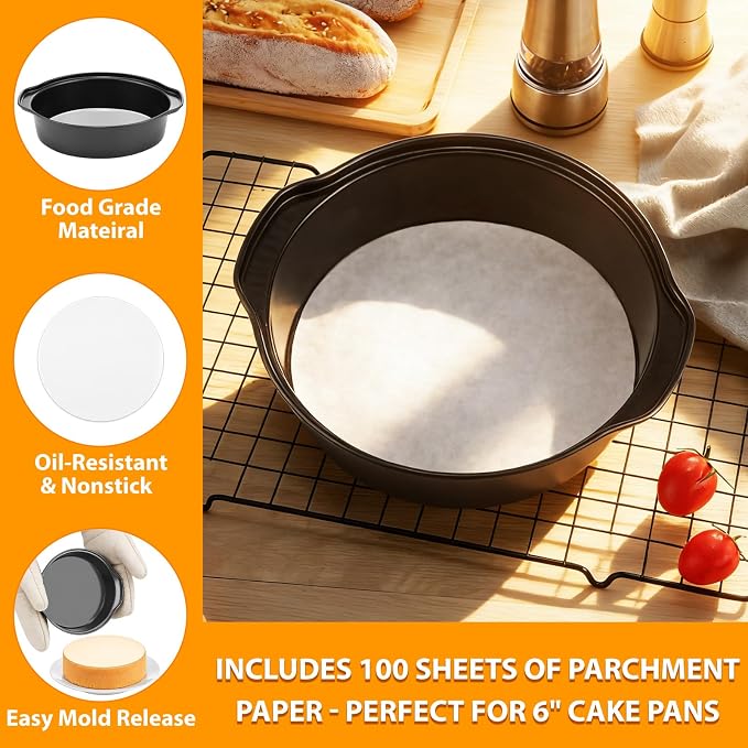 6 Inch Cake Pan - 3PCS Carbon Steel Round Cake Pans with 100 Pieces Parchment Paper, Non-stick & Easy Demolding, Non-toxic & Healthy - Image 4