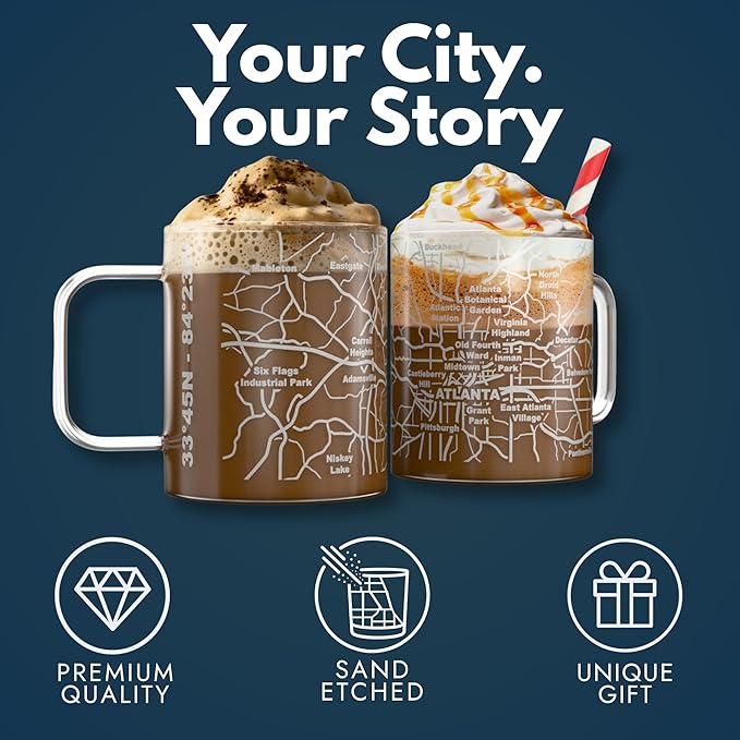 Greenline Goods – Atlanta, GA Map Glass Coffee Mugs (Set of 2), 16 oz – Etched Wrap Design