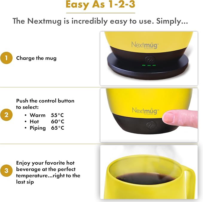 Nextmug - Temperature-Controlled, Self-Heating Coffee Mug | (Sunshine - 14 oz.) – No App, Long-Lasting Battery for Work & Study, Great Gift for Coffee Lovers - Image 5