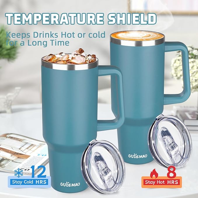 40 oz Insulated Coffee Mug with Ceramic Coating, Stainless Steel Travel Coffee Tumbler with Handle Lid and Straw, Double Wall Leak-Proof Coffee Travel Mug Keeps Drink Hot and Cold (Lake Green) - Image 4