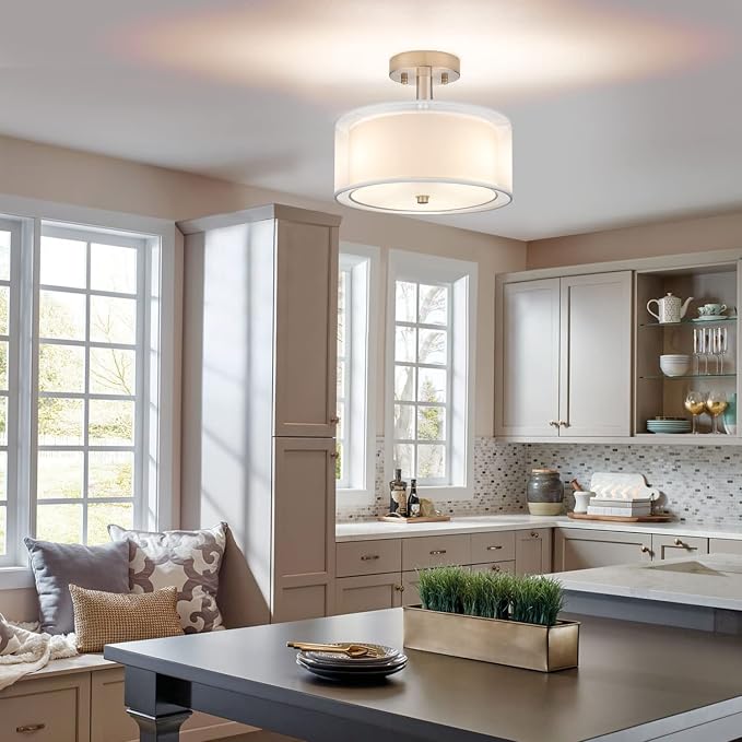 FOLKSMATE 3-Light Semi Flush Mount Ceiling Light Fixture, 16 Inch Drum Light with Double Fabric Shade, Modern Close to Ceiling Lamps for Dining Room Kitchen - Image 4