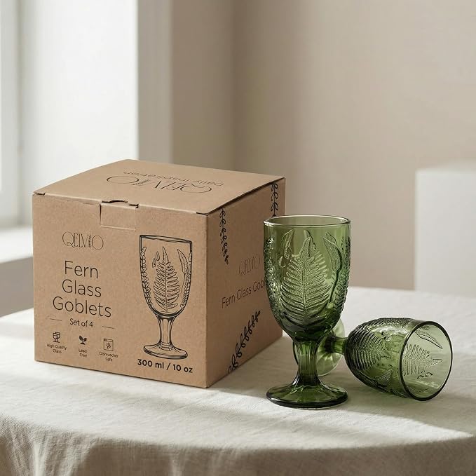Green Glass Goblets Set of 4, Colored Wine Glasses, Vintage Fern Glassware | Hand-Pressed, Dishwasher Safe, Boho Leaf-Textured Drinkware, Embossed Stemware for Water, Cocktails, Retro Style Kitchen Gift - Image 6