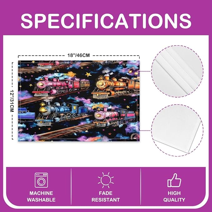 Feelyou Train Placemats Set of 4 12x18 Inch Cartoon Train Transportation Table Mats for Party Kitchen Dining Decoration Holiday Seasonal Transportation Vehicle Place Mat for Dinner Table Decor - Image 4