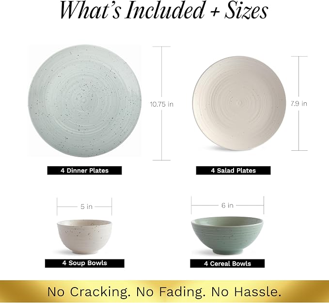 Sango Siterra Artist's Blend 16-Piece Stoneware Dinnerware Set for 4, Green, Cream & White Glossy Dishes with Speckles, Ceramic Plates and Bowls Sets for Everyday Dining, Microwave & Dishwasher Safe - Image 5