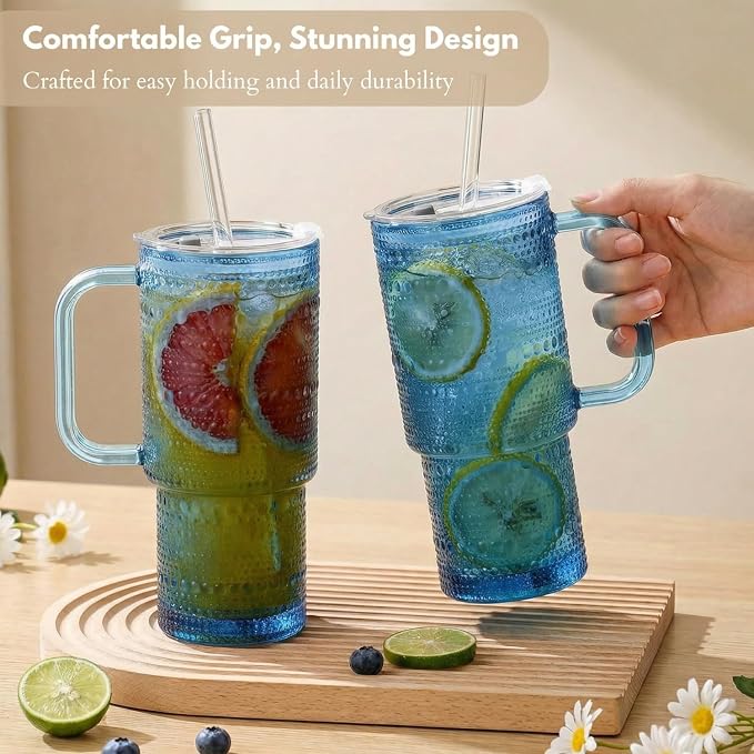 20 oz Blue Glass Tumbler with Lid and Straw, Glass Iced Coffee Cups, Spill-proof Glasses Tumbler with Handle, Glasses Drinking Set of 4, Vintage Glassware for Cocktail, Smoothies - Image 9