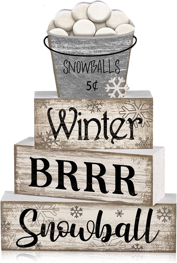 Moucuny 4 Pcs Winter Table Decorations Winter Tiered Tray Decor Christmas Table Centerpiece Rustic Decorative Snowball Snow Bucket Block Sign Farmhouse Christmas Decorations for Home Kitchen Shelf by Moucuny