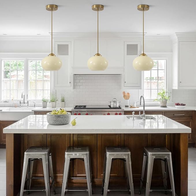 KCO Lighting Gold Kitchen Island Lighting Small Yellow Glass Globe Pendant Light Fixture Brass Hanging Light Fixture for Dining Room Entryway Hallway - Image 4