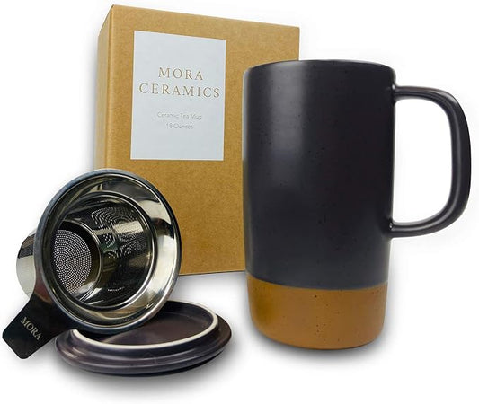 Mora Ceramics Large Tea Mug with Loose Leaf Infuser and Ceramic Lid, 18 oz, Portable, Microwave, Dishwasher Safe, Tall Coffee Cup - Rustic Matte Ceramic Glaze, Modern Herbal Tea Strainer, Nightwaves by MORA