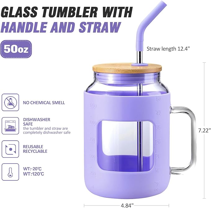 50 oz Glass Water Bottles with Silicone Sleeve,Glass Tumbler with Lid and Straw,Iced Coffee Cup with Handle,BPA Free-Purple