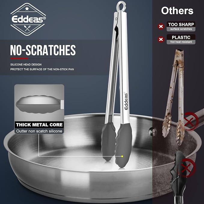 Tongs For Cooking - Silicone Metal Kitchen Tong 7" 9" & 12" Grey | 600°F Heat Resistant Silicone Tong, All Metal handle Locking Tongs with Silicone Tips, Heavy Duty Stainless steel - Image 3