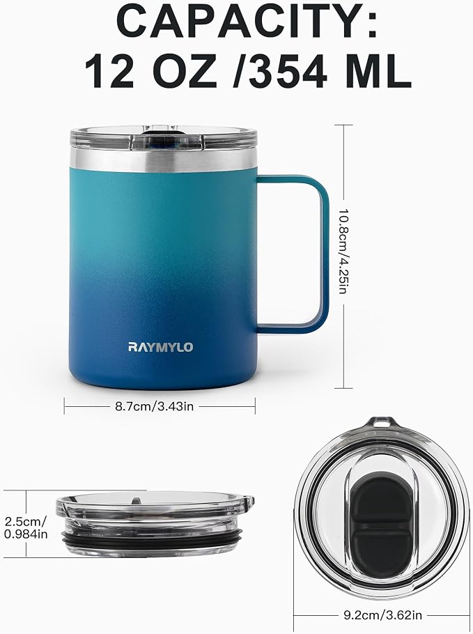 RAYMYLO Insulated Coffee Mug 12 oz, Spill-Proof & Detachable Slider Lid | Double Wall Stainless Steel with Thorough Clean Lid & Handle, Cold for 9 Hrs, Suitable for Camp Home Office - Image 6
