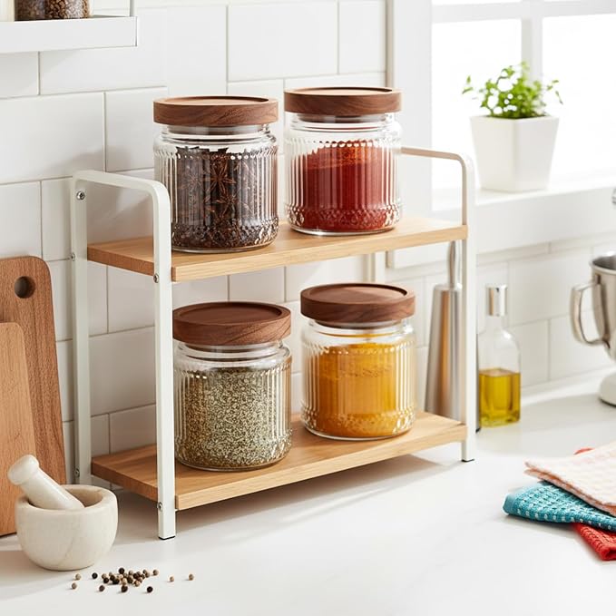 6 Pcs 500ml/17 oz Vintage Glass Storage Jar Glass Containers with Wood Lid Ribbed Pattern Airtight Kitchen Spice Containers for Pantry, Coffee Bean, Grains, Tea, Sugar, Flour, Candy, Oats - Image 5