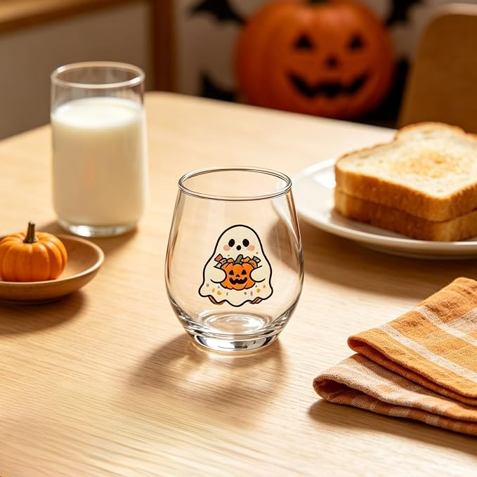 Halloween Stemless Wine Glass, Cute Pumpkin Ghost Cat Egg Shaped Tumbler, Clear Waterproof Printed Glassware, Festive Decorative Cup, Halloween Party Supplies & Holiday Gift for Women, C - Image 3