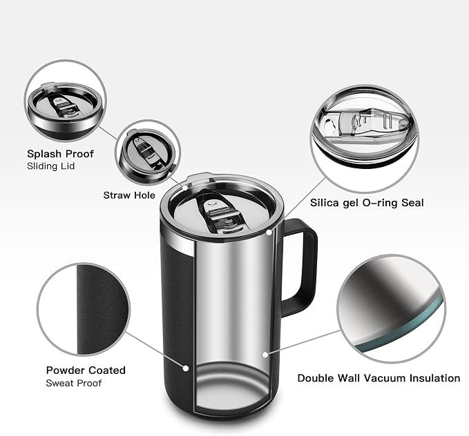 KXIAOCHEN 2-Pack 20 oz Insulated Coffee Mugs, Coffee Cups with Wide Handles | 18/8 stainless steel, sliding lids, 6+ hours hot or 12+ hours cold, wide mouth, no-sweat, for office, home, camping and gifts - Image 6