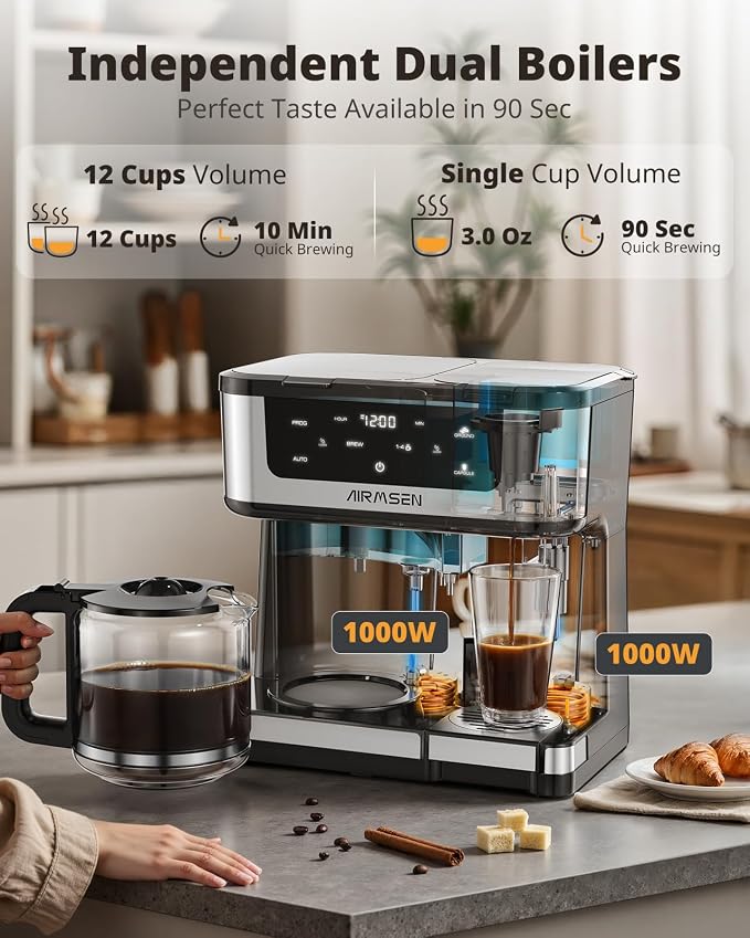 AIRMSEN 12-Cup Programmable Dual Coffee Maker – Single Serve Machine for K-Cup Pods & Ground, 1000W Fast Brew, Delay Start, 2H Keep Warm, Touchscreen, 60oz Tank, Glass Carafe – Home & Office - Image 5