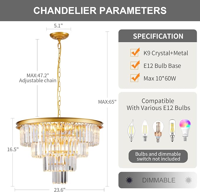 10 Light Modern Gold Crystal Chandelier for Dining Room 24'' Dining Room Light Fixture Contemporary Pendant Round 4-Tier Adjustable Height for Living Room, Foyer, Entryway, Bedroom - Image 3