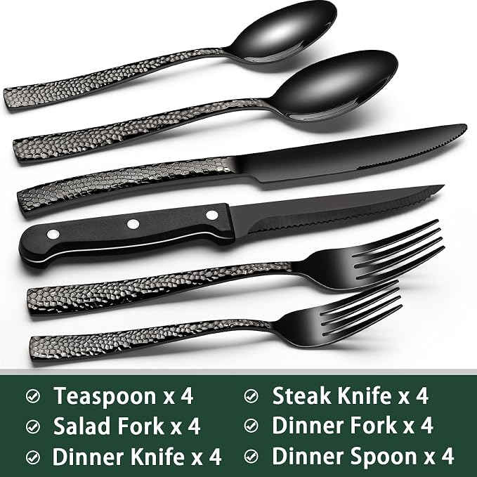 EWFEN 24-Piece Black Silverware Set with Steak Knives, Black Flatware Set for 4, Food-Grade Stainless Steel Tableware Cutlery Set, Mirror Finished Utensil Sets for Home Restaurant, Wave Hammered - Image 2