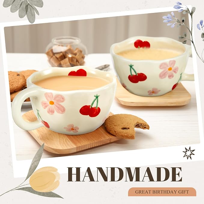 Vesici 2 Pcs Ceramic Coffee Mugs with Spoon, Vintage Floral Spring Mugs with Handle, 8.5 oz Aesthetic Flower Porcelain Tea Cup Set, Dishwasher & Microwave Safe Mothers Day Gifts for Mom(Cherry) - Image 4