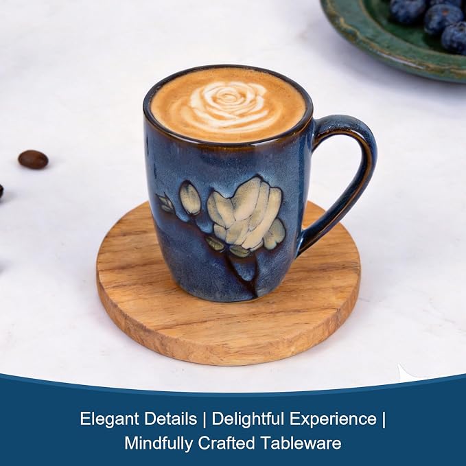 12oz Coffee Mugs Set of 4, Hand-Painted Floral Stoneware Cups with Handle, Dishwasher Microwave Oven Safe, Cappuccino Mugs for Latte, Tea, Espresso & Hot Cocoa, for Home Kitchen & Cafe, Dark Blue - Image 6