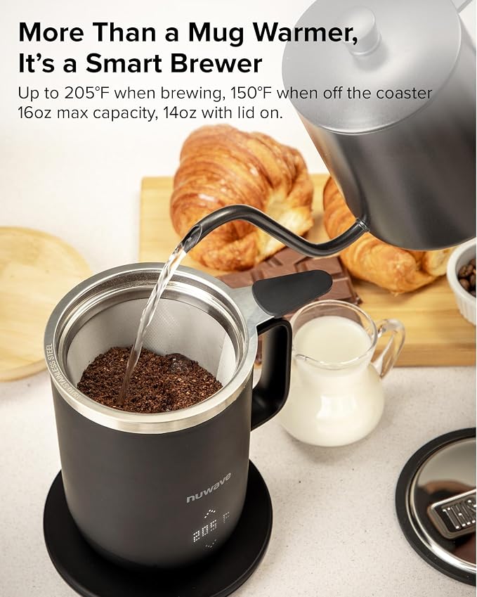 Nuwave Self-Heating Coffee Mug with Charging Base, 16oz, 45201BV02 | Heated Coffee Cup, 5Hr Cordless Runtime, LED Touch Controls, Adjustable Brew Settings, Includes Stainless Steel Filter - Image 2