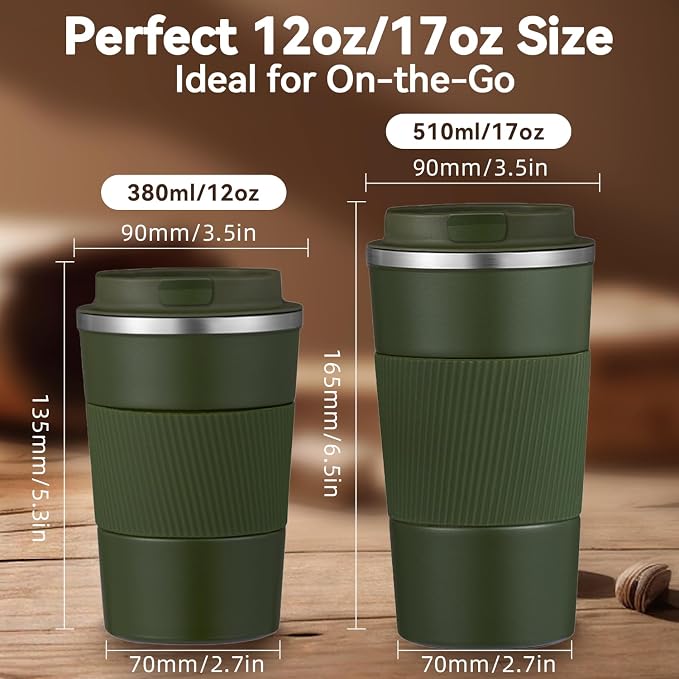 12OZ Travel Coffee Mug Insulated Coffee Cup with Spill Leak Proof Lid, Portable Stainless Steel Tumbler Reusable Hot and Cold Water Mug for Car, Daily, Camping- Military Green - Image 2
