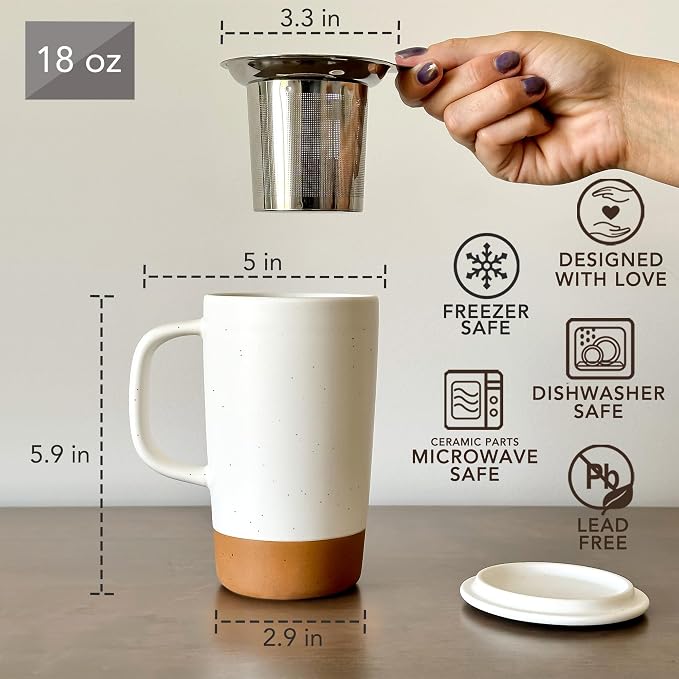 Mora Ceramics Large Tea Mug with Loose Leaf Infuser and Ceramic Lid, 18 oz, Portable, Microwave and Dishwasher Safe, Tall Coffee Cup - Rustic Matte Ceramic Glaze, Modern Herbal Tea Strainer, Cotton - Image 3
