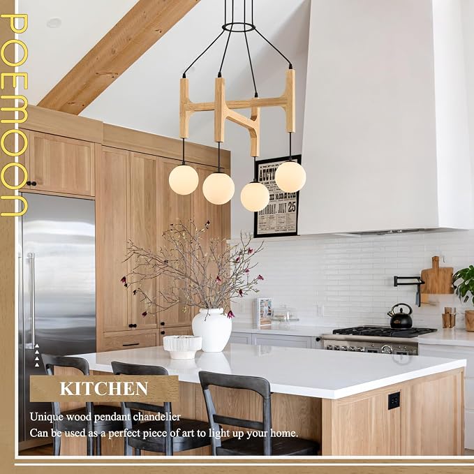 Natural Farmhouse Wood Chandeliers Vintage Milk Glass Pendant Light L24 '' Mid Century Long 4-Light Hanging Fixture for Living Dining Room Entryway Foyer Bedroom Kitchen,G9 - Image 8