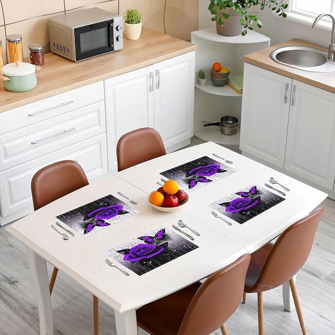 Feelyou Purple Rose Table Place Mats,Romantic Floral Blossom Rose Placemats Set of 4 18"x12",Boys, Girls Butterfly Placemat for Kitchen Dining Table Decor Indoor Outdoor - Image 3