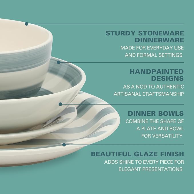 Gibson Home Kenwood Shores 16 Piece Dinnerware Set, Blue Striped, Hand-Painted Stoneware Dishes, Plates and Bowls, Service for 4, Microwave & Dishwasher Safe - Image 3