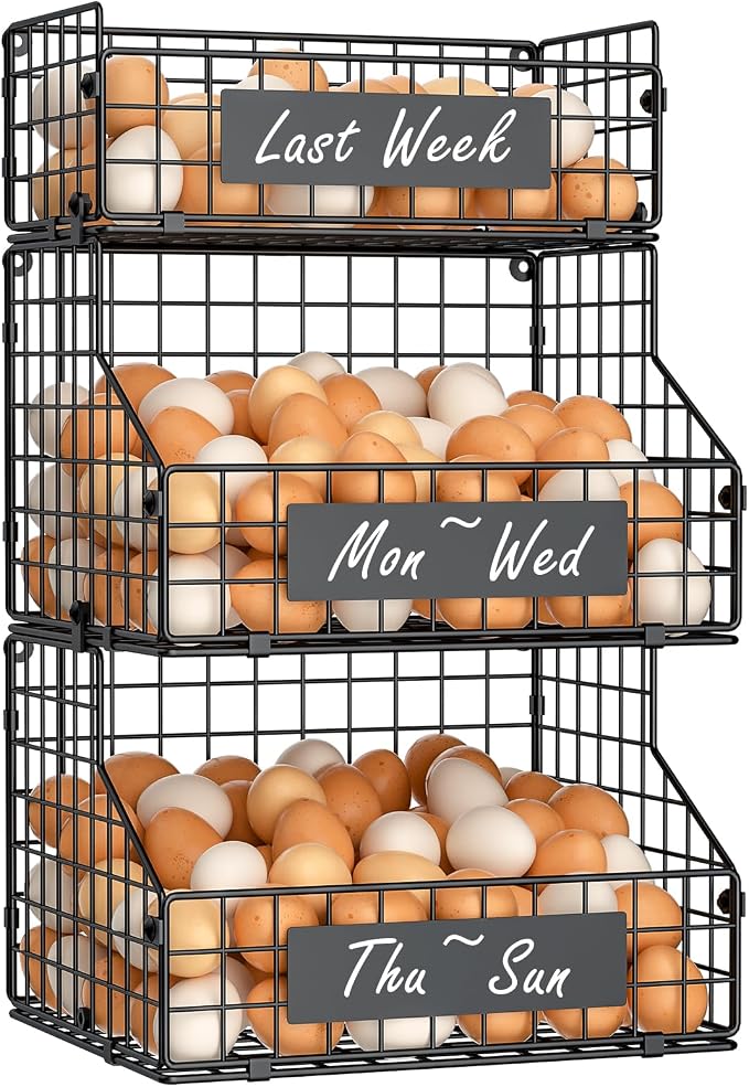 Egg Holder Countertop with DIY Nameplate, Egg Collecting Basket | 3 Tier Stackable Wire Baskets for Gathering Fresh Eggs, Large Egg Rack for Countertop/Wall-Mounted, Medium (Patent Pending) by keomaisyto