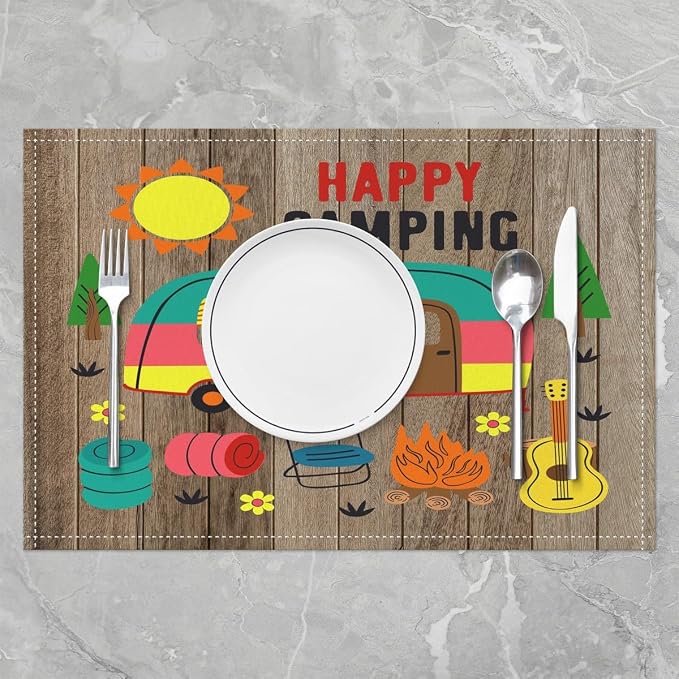 Feelyou Camper Placemat for Kitchen Dining Table 18"x12" Happy Camping Placemats Set of 4 Decor Rustic Wooden RV Camping Table Place Mats Cartoon Camping Car Indoor Outdoor Decor Table Mats - Image 2