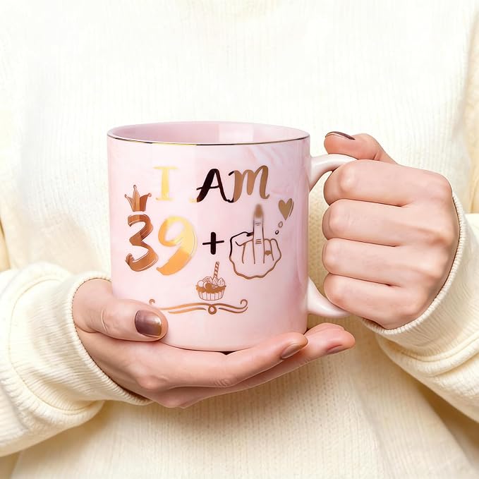 Funny 40th Birthday Gifts for Women, 14oz Pink Mug with 39+1 Hand Design | Marble Ceramic Gold Print Coffee Cup, Greeting Card & Luxury Gift Box, Celebrating Her Fabulous 40th with Humor and Style - Image 5