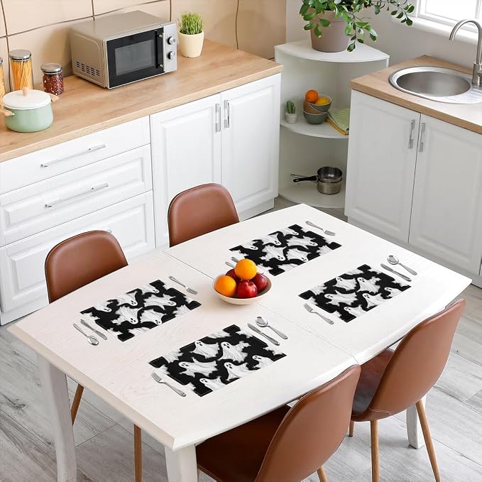 Feelyou Happy Halloween Placemats Set of 4 Ghost Table Mats White Black Place Mat for Kitchen Dining Table Party Decor Indoor Outdoor 18"x12" Non-Slip Easy to Clean Horror Theme - Image 3