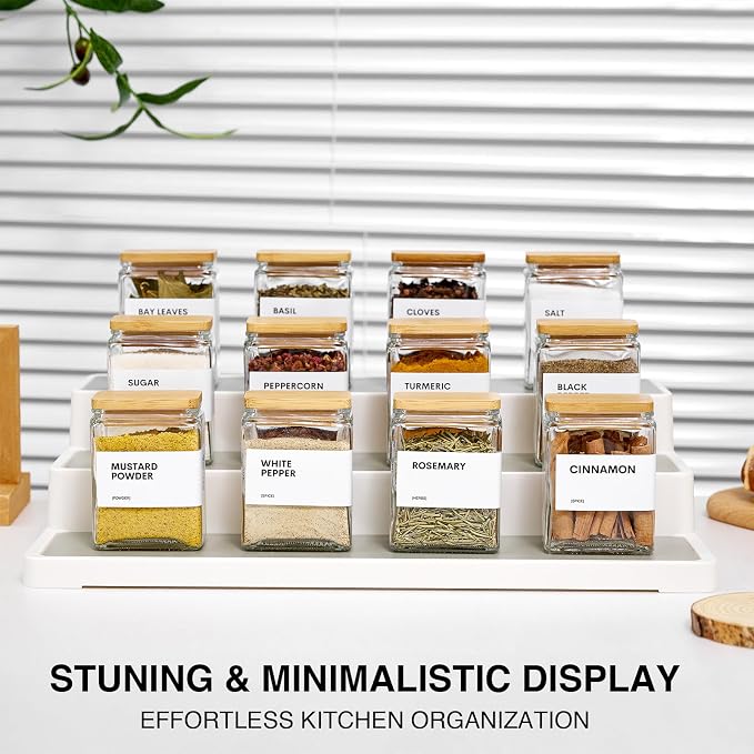 Glass Spice Jars with Bamboo Lid, 4oz Square Spice Containers for Pantry Organization, Seasoning Bottles with Labels, Spoons, Funnel for Salt Sugar - Image 2
