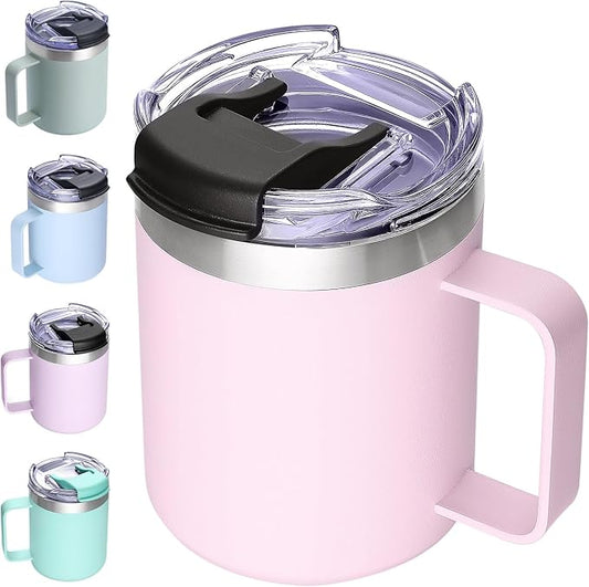 12oz Insulated Coffee Mug Cup with Handle, Stainless Steel Travel Coffee Mug with Flip Lid, Double Wall Vacuum Coffee Tumbler,Blush by ALOUFEA