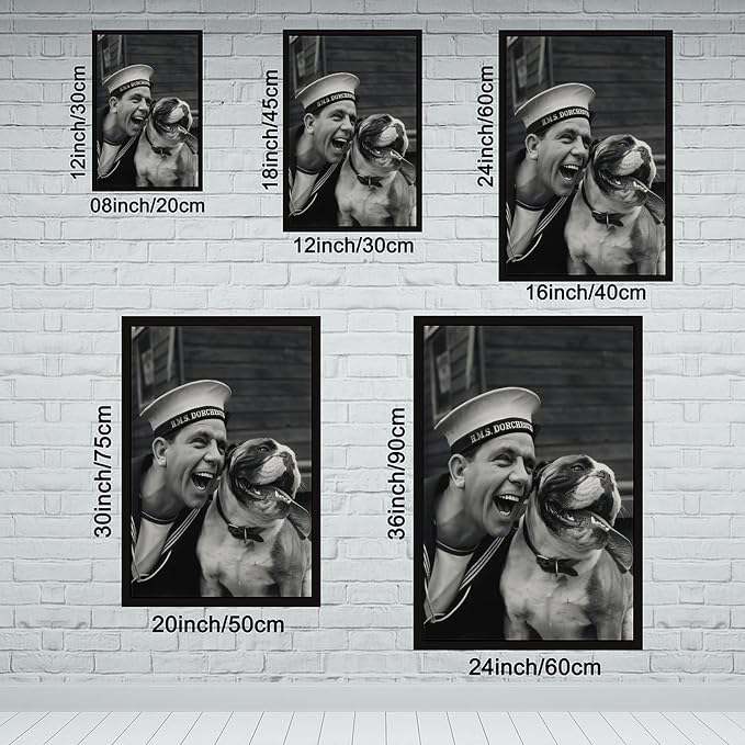 UXCBIA Sailor And Bulldog Smiling, Vintage English Black And White, Funny Dog Poster Canvas Poster Bedroom Decor Sports Landscape Office Room Decor Gift Black Frame 08x12in(20x30cm) - Image 2