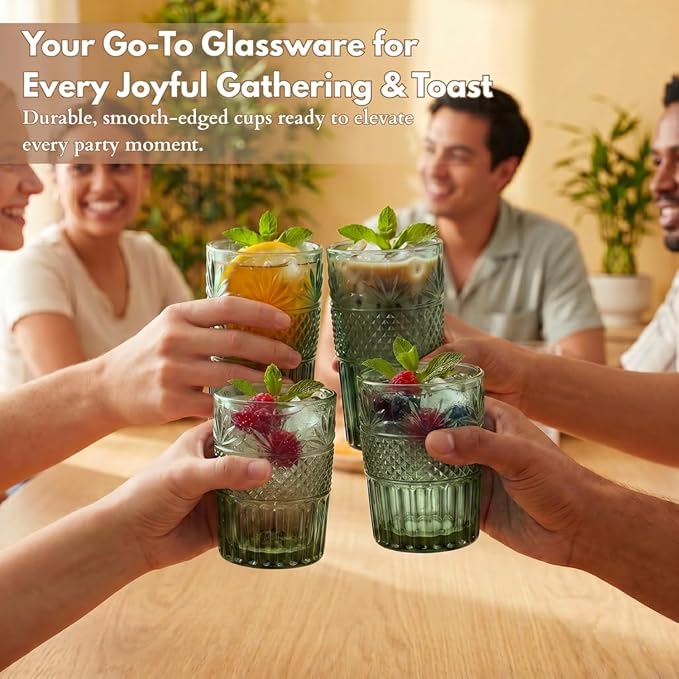 Green Drinking Glasses Set of 12, 12 Oz Highball & 10 Oz Cocktail Glasses, Green Kitchen Vintage Glassware Set, Floral Embossed Glass Tumbler Cups for Beer, Juice, Whiskey, Coffee(Pineapple) - Image 6
