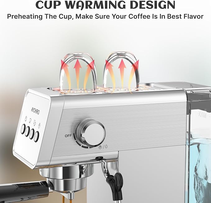 AYCHIRO 20 Bar Espresso Machine, Semi-Automatic Espresso Maker with Milk Frother Wand, Compact Stainless Steel Coffee Machine for Latte & Cappuccino, 37.2 oz Removable Water Tank - Image 7