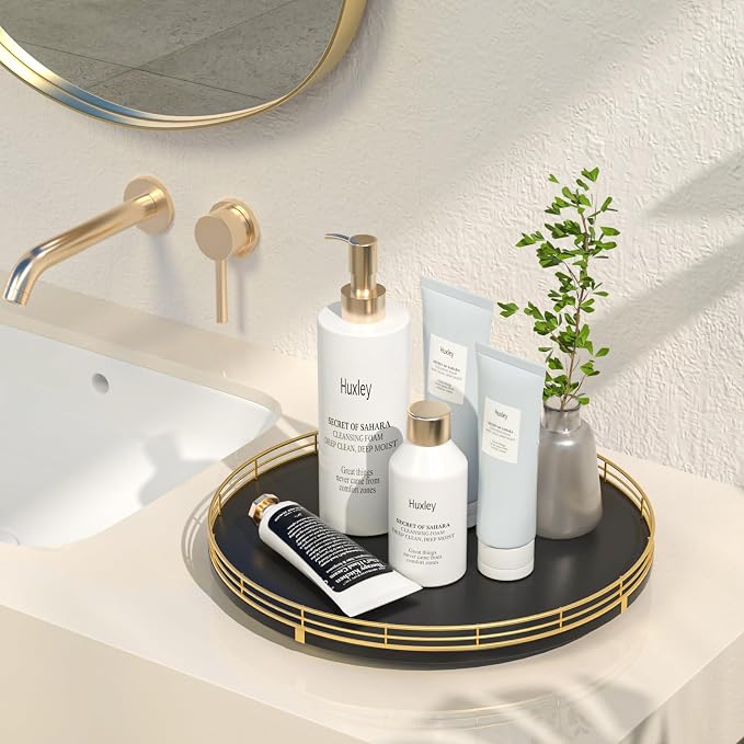 Oroyutor 13-Inch Oak Lazy Susan Vanity Tray with Gold Metal Rail | Rotating oak tray organizes spices, toiletries and decor on kitchen counters, bathroom vanities, dining and coffee tables. - Image 2