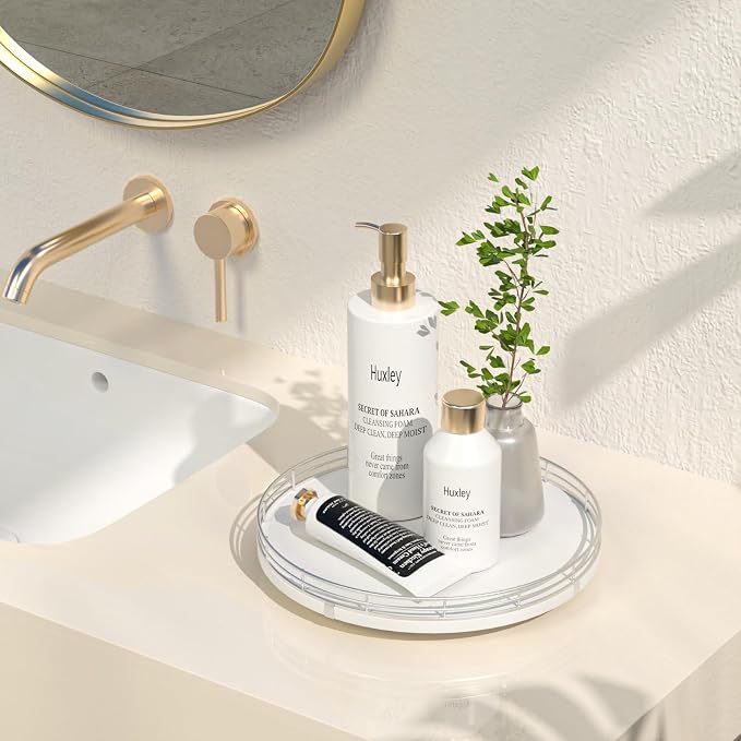 Oroyutor 10-Inch Oak Lazy Susan Vanity Tray with Silver Metal Rail | Rotating oak tray organizes spices, toiletries and decor on kitchen counters, bathroom vanities, dining and coffee tables. - Image 2