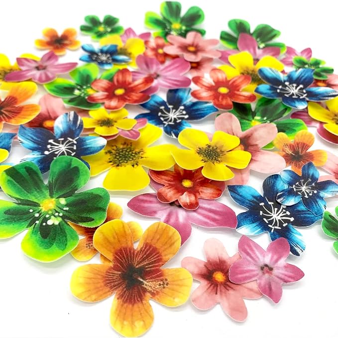 Weraru Edible 48Pcs Hawaii Flowers Wedding Cake&Cupcake Topper Luau Themed Party Birthday Cake Decoration - Image 2