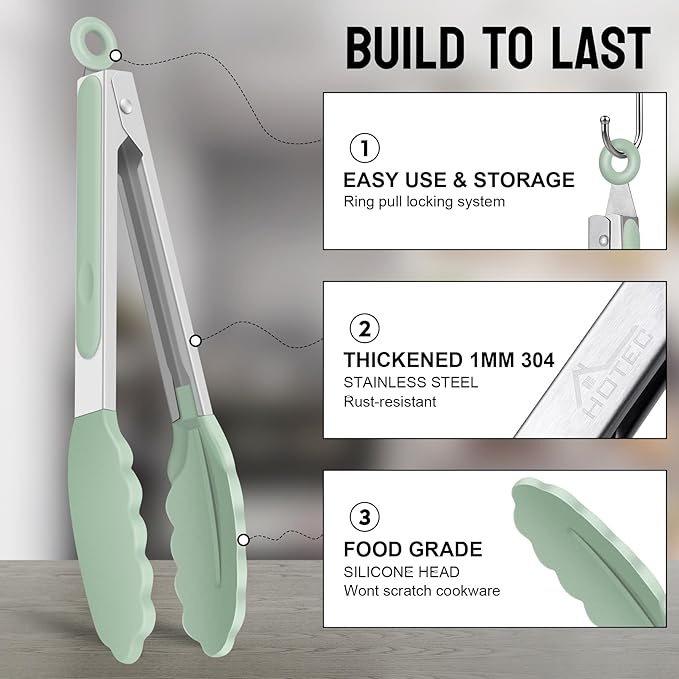 Hotec Premium Stainless Steel Locking Kitchen Tongs with Silicon Tips, Set of 2-9" and 12" Light Green - Image 3