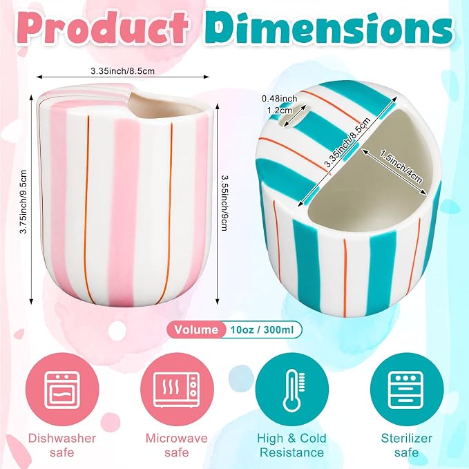2 Pcs Ceramic Mug with Sip Hole 10 oz Pink Turquoise Striped Ceramic Coffee Mug Hand Painted Travel Mugs Heat Resistant Non Slip Built in One Lid Mugs for Coffee Lovers Appreciation Gift - Image 2
