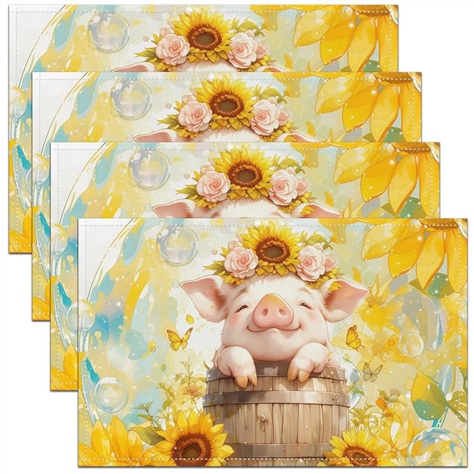 Feelyou Pig Placemats Set of 4 12"x18" Cartoon Pigs Placemats for Dining Table Indoor Outdoor Kitchen Lovely Animal Table Mats Placemat Farm Animal Decor Table Place Mats Sunflower by Feelyou