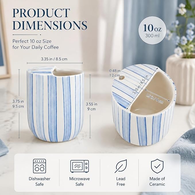 Ceramic Mug with Sip Hole 10 oz Novelty Blue Striped Ceramic Ice Coffee Mug Hand Painted Travel Mugs Heat Resistant Non Slip Built in One Lid Mugs for Coffee Lovers Appreciation Gift - Image 2