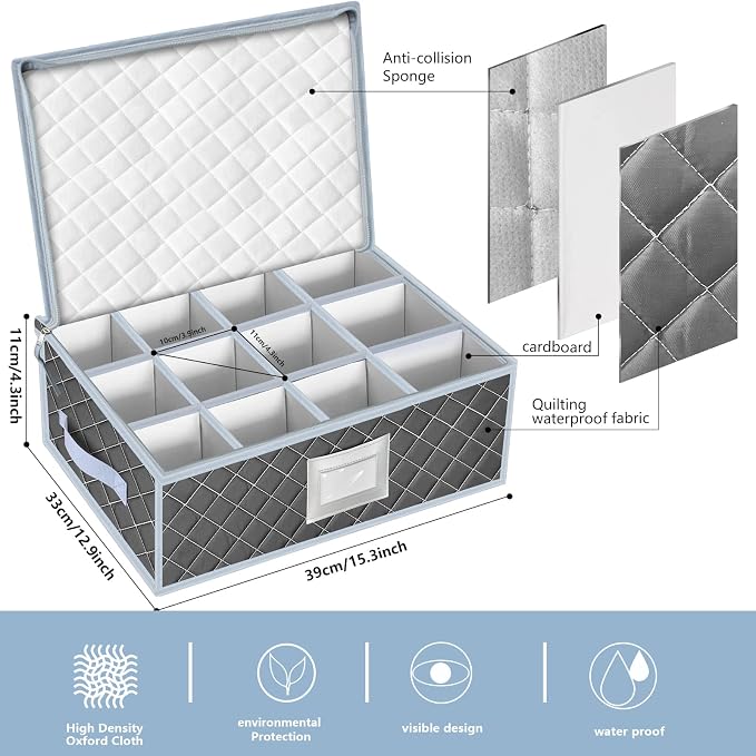 Mug and Cup Storage Box with Dividers - 2 Pack China Storage Bin Containers Holds 24 Glassware, Stackable Coffee Mug Organizer Bin and Tea Cup with 2 Metal Zipper,Label and Handles (Grey) - Image 2