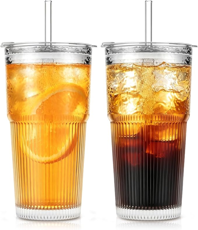 SoulTimes 20oz Wave Ribbed Glass Tumbler with Lid and Straw – Iced Coffee Glasses Cups for Smoothie, Matcha, Juice, Water etc. Leakproof and Reusable Glassware Drinking for Daily & Travel To Go [2Pcs] by SoulTimes