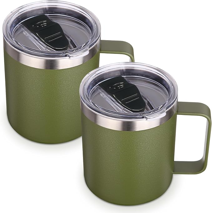 Volhoply 14oz Insulated Stainless Steel Coffee Mug with Lid Bulk 2 Pack,Double Wall Vacuum Travel Coffee Cup with Handle,Reusable Cups Tumbler,Camping Mugs Keep Hot,Ideal Gifts(Army Green,2) by LiveFully%EF%BC%8CDrinkFreely%E2%80%94KeepGoingwithVolhoply%EF%BC%81