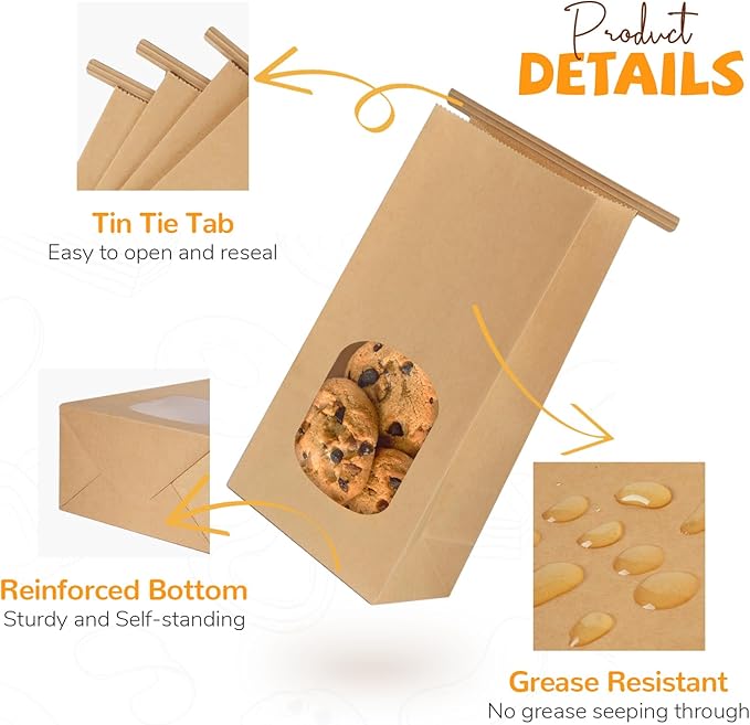 100 Pack Bakery Bags with Window, 3.9x2.3x8 Inches Tin Tie Tab Paper Cookie Bags Brown Small Gift Bag for Packaging Popcorn, Trail Mix, Treats, Snacks, Baked Goods, Party Favors | Grease Resistant - Image 3
