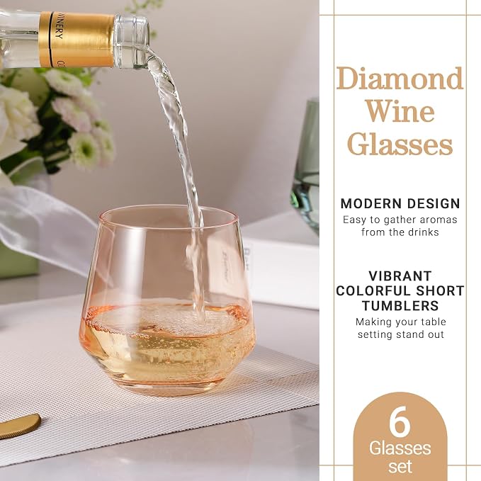 Stemless Wine Glasses Set 6 - Peach Color Stemless Wine Glasses - 14oz Tumbler - Peach Glassware for Wine or Soft Drinks - Unique Valentine's Day Gifts - Image 2